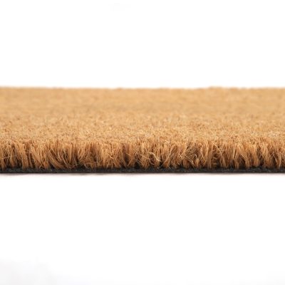 Natural brown coconut fiber doormat. Plain natural dry carpet and dirt outside your entrance, Detail, closeup of fiber and base on white background